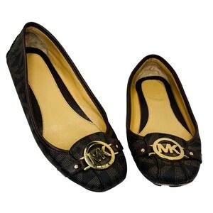 Michael Kors Fulton Moc Brown Monogram Logo Ballet Flats Gold Medallion Shoe 9.5